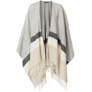LUISA BRINI Women's Technica Striped Fringe Poncho Scarf gray tan 100% wool EUC
